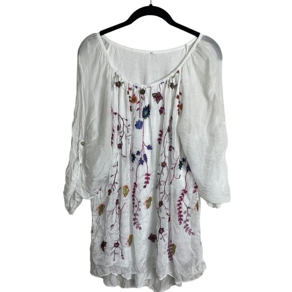Silk Top Embroidered Boho Tunic Top Womens L‎ White Floral Gauze 3/4 Slv Coastal